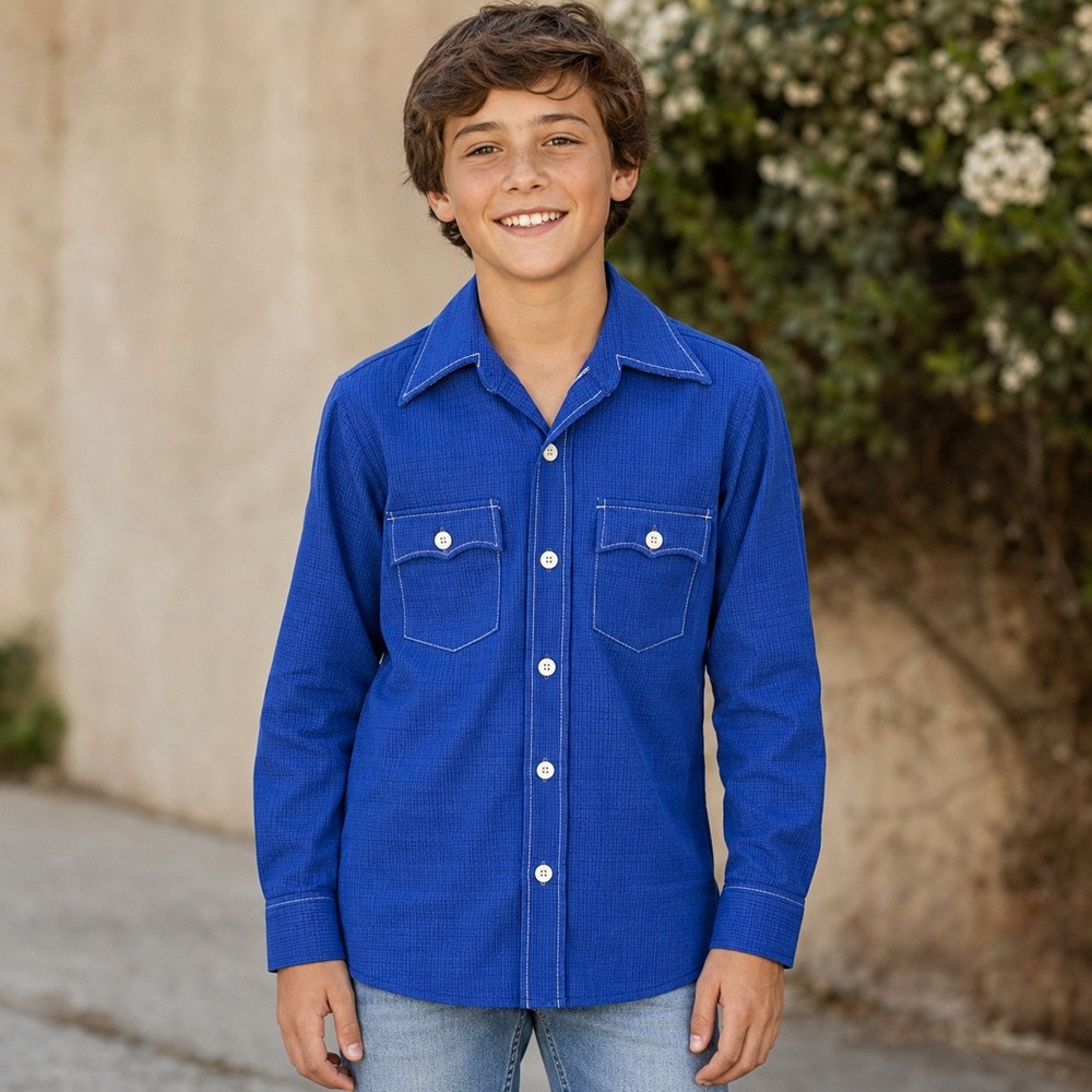 Vintage JCPenney Kids Blue Textured Button Down Shirt Disco Collar Retro Size L